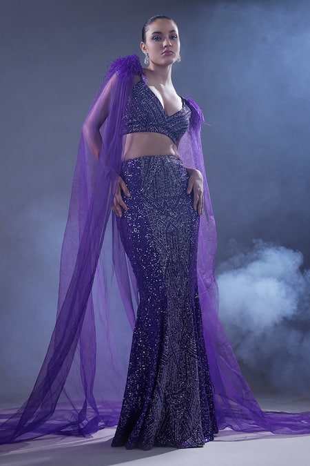 Shop Manika Nanda Purple German Satin Embroidered Sequin Fleur Tulle Cape And Skirt Set at Aza Fashions Shop_Manika Nanda_Purple German Satin Embroidered Sequin Fleur Tulle Cape And Skirt Set _at_Aza_Fashions