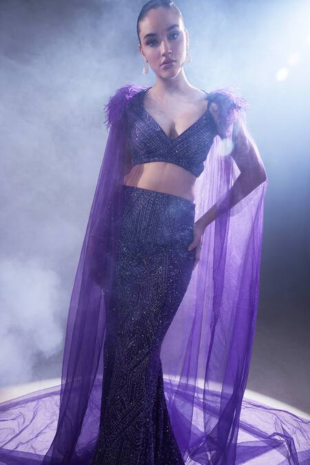 Manika Nanda Purple German Satin Embroidered Sequin Fleur Tulle Cape And Skirt Set Online at Aza Fashions Manika Nanda_Purple German Satin Embroidered Sequin Fleur Tulle Cape And Skirt Set _Online_at_Aza_Fashions