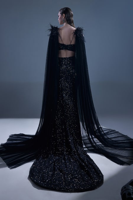 Shop Manika Nanda Black German Satin Embroidered Sequin Greta Crop Top Trail Skirt Set at Aza Fashions Shop_Manika Nanda_Black German Satin Embroidered Sequin Greta Crop Top Trail Skirt Set _at_Aza_Fashions