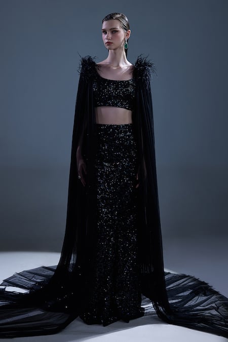 Manika Nanda Black German Satin Embroidered Sequin Greta Crop Top Trail Skirt Set Online at Aza Fashions Manika Nanda_Black German Satin Embroidered Sequin Greta Crop Top Trail Skirt Set _Online_at_Aza_Fashions
