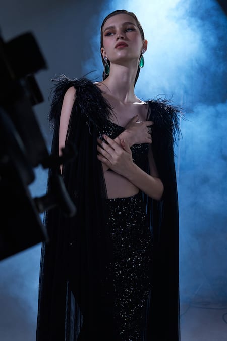 Buy Manika Nanda Black German Satin Embroidered Sequin Greta Crop Top Trail Skirt Set Online at Aza Fashions Buy_Manika Nanda_Black German Satin Embroidered Sequin Greta Crop Top Trail Skirt Set _Online_at_Aza_Fashions