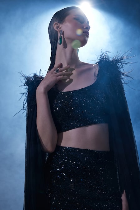 Shop Manika Nanda Black German Satin Embroidered Sequin Greta Crop Top Trail Skirt Set Online at Aza Fashions Shop_Manika Nanda_Black German Satin Embroidered Sequin Greta Crop Top Trail Skirt Set _Online_at_Aza_Fashions