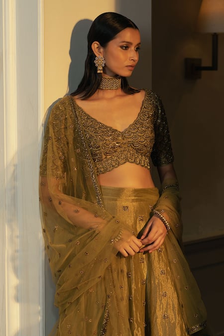 Buy_Ojasmé By Sanjana Thapa_Green Tissue, Silk, Net Cut Work, Embroidery Scallop Blouse Bridal Lehenga Set _Online_at_Aza_Fashions