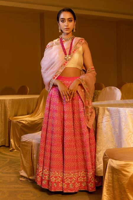 Ojasmé by Sanjana Thapa Pink Blouse And Lehenga Raw Silk Embroidery Thread Round Bridal Set  