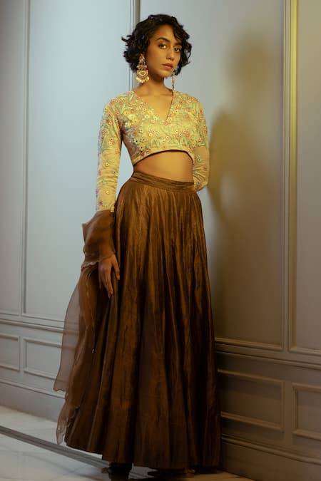 Ojasmé by Sanjana Thapa Brown Lehenga Tissue Silk Embroidery Sequin V Neck Stripe Woven Set  