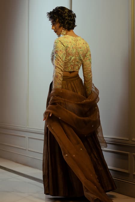 Shop_Ojasmé By Sanjana Thapa_Brown Net, Silk Organza, Tissue Sequins, Embroidery, Stripe Woven Lehenga Set _at_Aza_Fashions