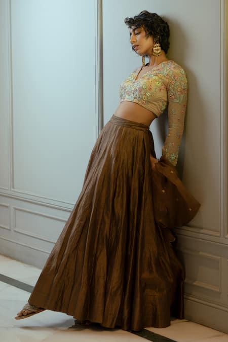 Ojasmé By Sanjana Thapa_Brown Net, Silk Organza, Tissue Sequins, Embroidery, Stripe Woven Lehenga Set _Online_at_Aza_Fashions