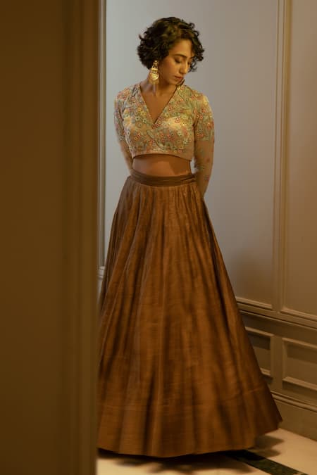 Shop_Ojasmé By Sanjana Thapa_Brown Net, Silk Organza, Tissue Sequins, Embroidery, Stripe Woven Lehenga Set _Online_at_Aza_Fashions
