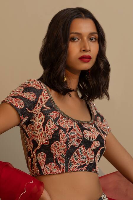 Shop Ojasmé By Sanjana Thapa Black , Organza Sequins, Beads, Fiddle Fig Leaves Print Lehenga Set Online at Aza Fashions Shop_Ojasmé By Sanjana Thapa_Black , Organza Sequins, Beads, Fiddle Fig Leaves Print Lehenga Set _Online_at_Aza_Fashions