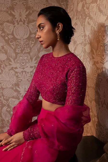 Ojasmé By Sanjana Thapa Fuchsia Net, Georgette, Silk Organza Sequins, Beads, Blouse Lehenga Set Online at Aza Fashions Ojasmé By Sanjana Thapa_Fuchsia Net, Georgette, Silk Organza Sequins, Beads, Blouse Lehenga Set _Online_at_Aza_Fashions