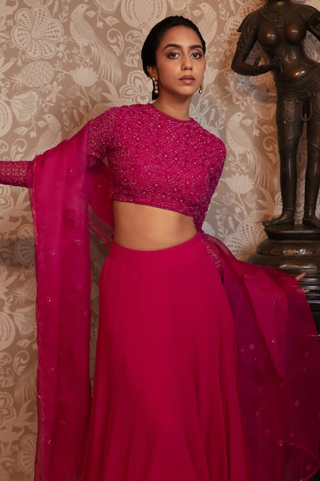 Shop Ojasmé By Sanjana Thapa Fuchsia Net, Georgette, Silk Organza Sequins, Beads, Blouse Lehenga Set Online at Aza Fashions Shop_Ojasmé By Sanjana Thapa_Fuchsia Net, Georgette, Silk Organza Sequins, Beads, Blouse Lehenga Set _Online_at_Aza_Fashions