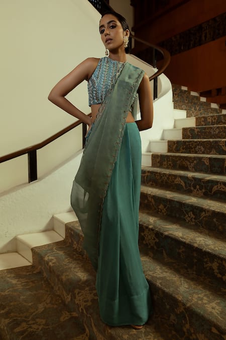 Ojasmé by Sanjana Thapa Blue Saree Chiffon Embroidery Scallop Round Pre-draped With Blouse  