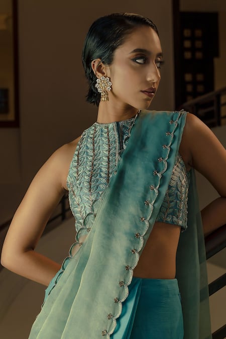 Ojasmé By Sanjana Thapa Blue Chiffon, Tissue, Silk Embroidery Round Neck Pre-draped Saree With Blouse Online at Aza Fashions Ojasmé By Sanjana Thapa_Blue Chiffon, Tissue, Silk Embroidery Round Neck Pre-draped Saree With Blouse _Online_at_Aza_Fashions