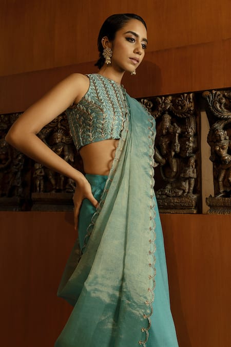 Buy Ojasmé By Sanjana Thapa Blue Chiffon, Tissue, Silk Embroidery Round Neck Pre-draped Saree With Blouse Online at Aza Fashions Buy_Ojasmé By Sanjana Thapa_Blue Chiffon, Tissue, Silk Embroidery Round Neck Pre-draped Saree With Blouse _Online_at_Aza_Fashions