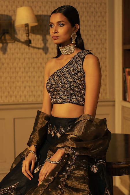 Buy Ojasmé By Sanjana Thapa Black Silk, Organza, Tissue Beads, Embroidery Asymmetric Scallop Lehenga Set Online at Aza Fashions Buy_Ojasmé By Sanjana Thapa_Black Silk, Organza, Tissue Beads, Embroidery Asymmetric Scallop Lehenga Set _Online_at_Aza_Fashions
