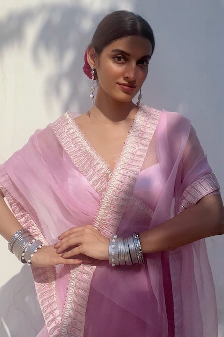 Buy Ojasmé By Sanjana Thapa Pink Organza, Satin Beads, Embroidery Border Saree With Blouse Online at Aza Fashions Buy_Ojasmé By Sanjana Thapa_Pink Organza, Satin Beads, Embroidery Border Saree With Blouse _Online_at_Aza_Fashions