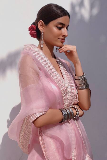 Shop Ojasmé By Sanjana Thapa Pink Organza, Satin Beads, Embroidery Border Saree With Blouse Online at Aza Fashions Shop_Ojasmé By Sanjana Thapa_Pink Organza, Satin Beads, Embroidery Border Saree With Blouse _Online_at_Aza_Fashions