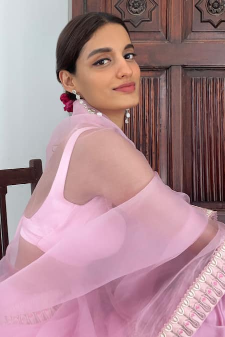 Ojasmé By Sanjana Thapa Pink Organza, Satin Beads, Embroidery Border Saree With Blouse at Aza Fashions Ojasmé By Sanjana Thapa_Pink Organza, Satin Beads, Embroidery Border Saree With Blouse _at_Aza_Fashions