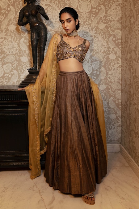 Ojasmé by Sanjana Thapa Brown Blouse And Skirt Tissue Embroidery Floral Sweetheart Lehenga Set  