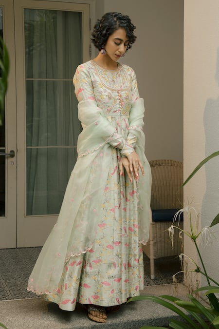 Shop_Ojasmé By Sanjana Thapa_Green Tussar, Silk Organza Botanic Floral Printed Anarkali With Dupatta _at_Aza_Fashions