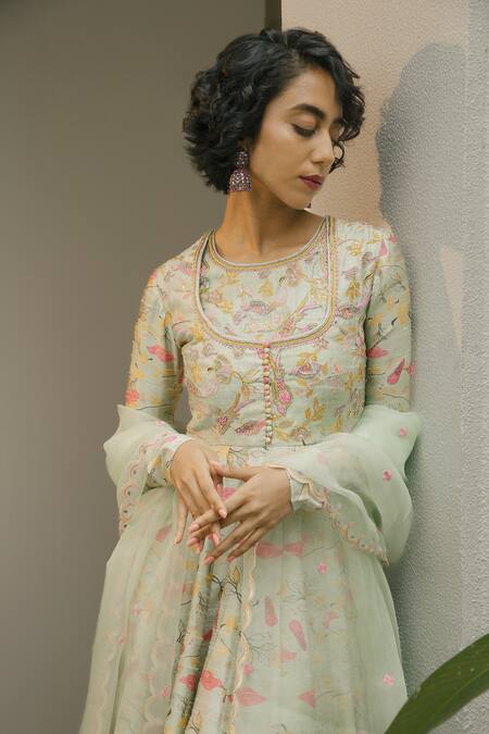 Ojasmé By Sanjana Thapa_Green Tussar, Silk Organza Botanic Floral Printed Anarkali With Dupatta _Online_at_Aza_Fashions