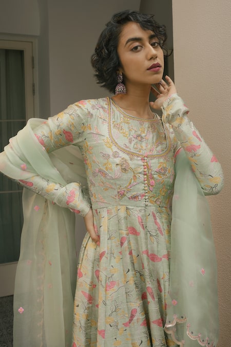 Buy_Ojasmé By Sanjana Thapa_Green Tussar, Silk Organza Botanic Floral Printed Anarkali With Dupatta _Online_at_Aza_Fashions