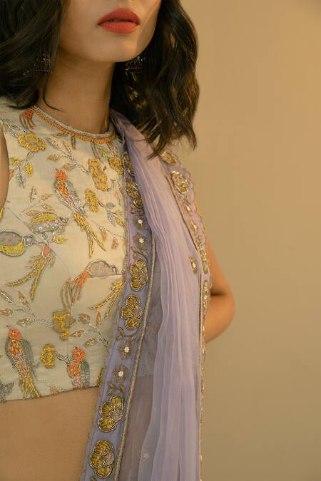 Buy_Ojasmé By Sanjana Thapa_Purple Chiffon, Silk Organza, Silk, Border Pre-draped Saree With Blouse _Online_at_Aza_Fashions