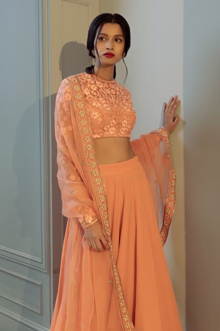 Ojasmé By Sanjana Thapa Peach Net, Georgette, Silk Organza Embroidery, Lehenga And Wildflower Blouse Set Online at Aza Fashions Ojasmé By Sanjana Thapa_Peach Net, Georgette, Silk Organza Embroidery, Lehenga And Wildflower Blouse Set _Online_at_Aza_Fashions