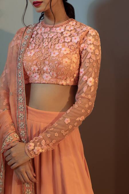 Buy Ojasmé By Sanjana Thapa Peach Net, Georgette, Silk Organza Embroidery, Lehenga And Wildflower Blouse Set Online at Aza Fashions Buy_Ojasmé By Sanjana Thapa_Peach Net, Georgette, Silk Organza Embroidery, Lehenga And Wildflower Blouse Set _Online_at_Aza_Fashions
