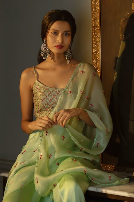 Ojasmé By Sanjana Thapa Green Brocade, Cotton , Embroidered Pre-draped Saree With Blouse Online at Aza Fashions Ojasmé By Sanjana Thapa_Green Brocade, Cotton , Embroidered Pre-draped Saree With Blouse _Online_at_Aza_Fashions