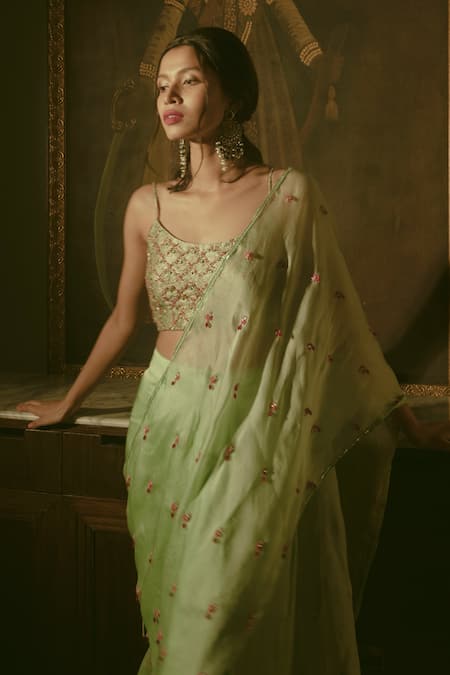 Buy Ojasmé By Sanjana Thapa Green Brocade, Cotton , Embroidered Pre-draped Saree With Blouse Online at Aza Fashions Buy_Ojasmé By Sanjana Thapa_Green Brocade, Cotton , Embroidered Pre-draped Saree With Blouse _Online_at_Aza_Fashions
