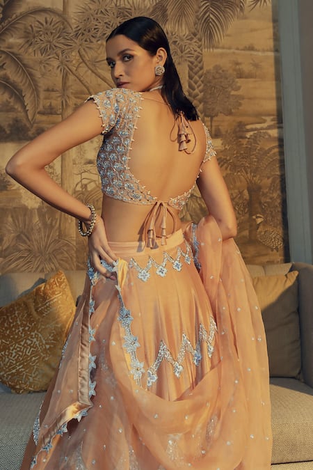 Shop_Ojasmé By Sanjana Thapa_Beige Silk, Chanderi, Organza, Chevron And Blossom Embroidered Bridal Lehenga Set _at_Aza_Fashions