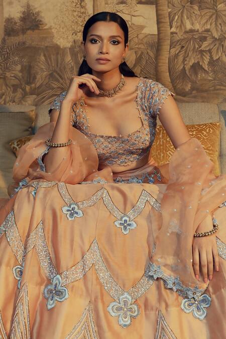 Ojasmé By Sanjana Thapa_Beige Silk, Chanderi, Organza, Chevron And Blossom Embroidered Bridal Lehenga Set _Online_at_Aza_Fashions