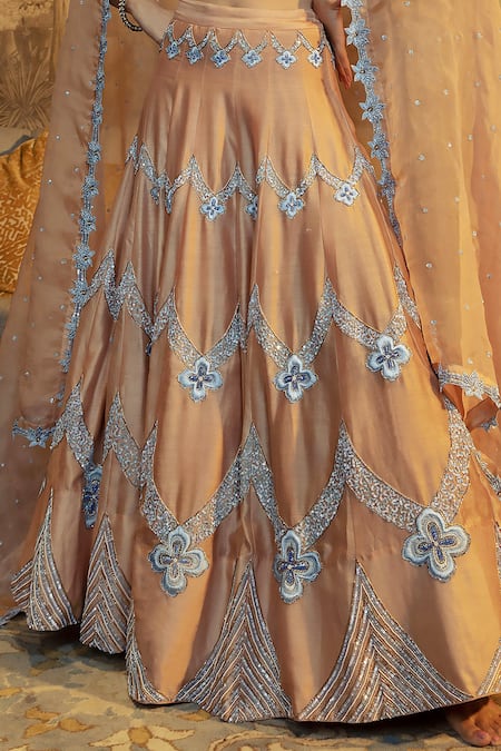 Buy_Ojasmé By Sanjana Thapa_Beige Silk, Chanderi, Organza, Chevron And Blossom Embroidered Bridal Lehenga Set _Online_at_Aza_Fashions