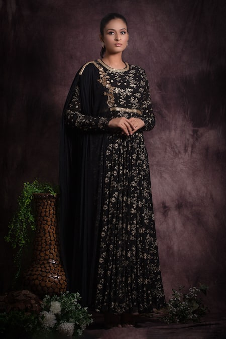 Abstract By Megha Jain Madaan Bloom Foil Print Anarkali Dress With Attached Drape 