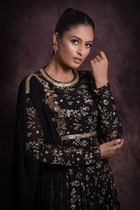 Abstract By Megha Jain Madaan Black Georgette, Cotton Bloom Foil Print Anarkali Dress With Attached Drape Online at Aza Fashions Abstract By Megha Jain Madaan_Black Georgette, Cotton Bloom Foil Print Anarkali Dress With Attached Drape _Online_at_Aza_Fashions