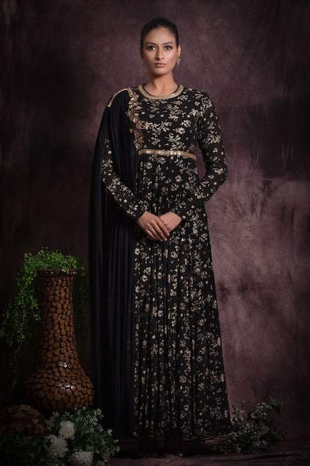 Buy Abstract By Megha Jain Madaan Black Georgette, Cotton Bloom Foil Print Anarkali Dress With Attached Drape Online at Aza Fashions Buy_Abstract By Megha Jain Madaan_Black Georgette, Cotton Bloom Foil Print Anarkali Dress With Attached Drape _Online_at_Aza_Fashions
