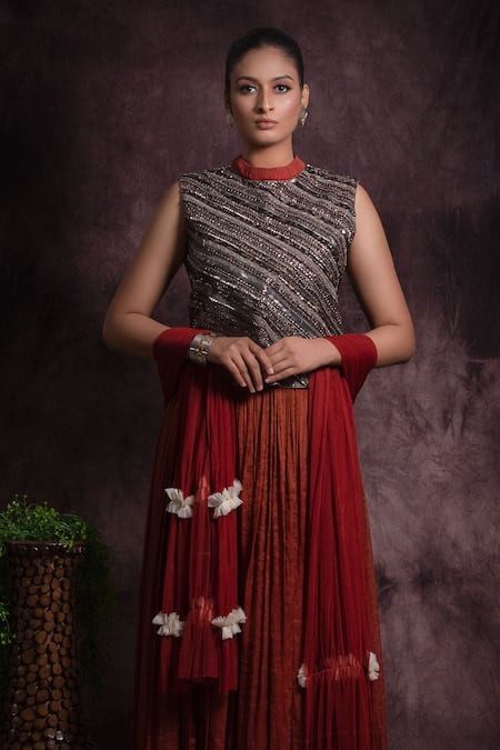Abstract By Megha Jain Madaan Red Silk, Cotton Sequins, Beads Round Neck Lehenga Set With Embellished Jacket Online at Aza Fashions Abstract By Megha Jain Madaan_Red Silk, Cotton Sequins, Beads Round Neck Lehenga Set With Embellished Jacket _Online_at_Aza_Fashions