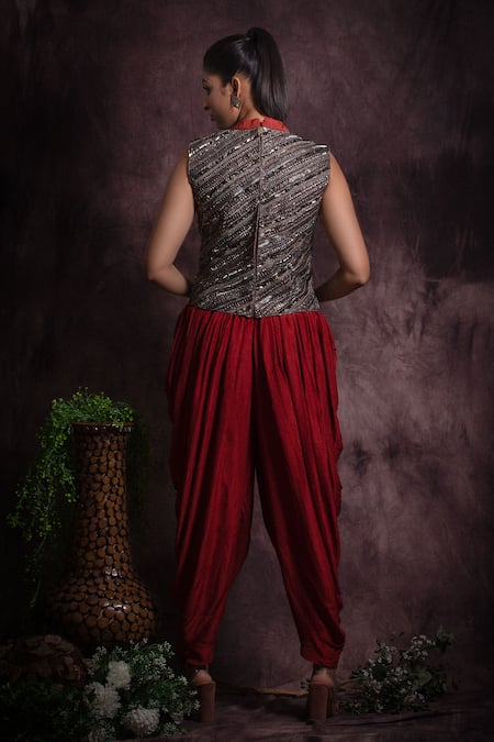 Shop Abstract By Megha Jain Madaan Red Silk, Cotton Sequins, Beads Round Neck Dhoti Pant With Embellished Jacket at Aza Fashions Shop_Abstract By Megha Jain Madaan_Red Silk, Cotton Sequins, Beads Round Neck Dhoti Pant With Embellished Jacket _at_Aza_Fashions
