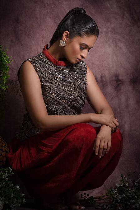 Abstract By Megha Jain Madaan Red Silk, Cotton Sequins, Beads Round Neck Dhoti Pant With Embellished Jacket Online at Aza Fashions Abstract By Megha Jain Madaan_Red Silk, Cotton Sequins, Beads Round Neck Dhoti Pant With Embellished Jacket _Online_at_Aza_Fashions