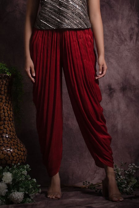 Buy Abstract By Megha Jain Madaan Red Silk, Cotton Sequins, Beads Round Neck Dhoti Pant With Embellished Jacket Online at Aza Fashions Buy_Abstract By Megha Jain Madaan_Red Silk, Cotton Sequins, Beads Round Neck Dhoti Pant With Embellished Jacket _Online_at_Aza_Fashions