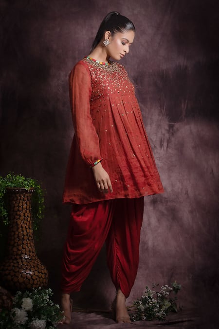 Abstract By Megha Jain Madaan_Red Silk, Cotton, Viscose Embroidery Embellished A-line Kurta And Dhoti Pant Set _Online_at_Aza_Fashions
