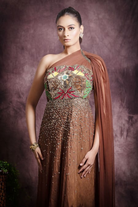 Abstract By Megha Jain Madaan Sequin Embellished One Shoulder Gown 