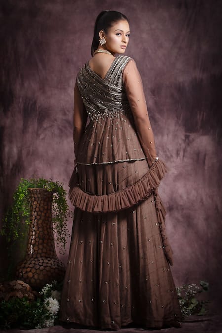 Shop Abstract By Megha Jain Madaan Brown Viscose, Silk, Net Sequins, Metallic Embellishments Gown With Dupatta at Aza Fashions Shop_Abstract By Megha Jain Madaan_Brown Viscose, Silk, Net Sequins, Metallic Embellishments Gown With Dupatta _at_Aza_Fashions