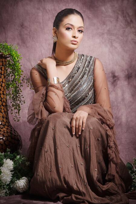 Buy Abstract By Megha Jain Madaan Brown Viscose, Silk, Net Sequins, Metallic Embellishments Gown With Dupatta Online at Aza Fashions Buy_Abstract By Megha Jain Madaan_Brown Viscose, Silk, Net Sequins, Metallic Embellishments Gown With Dupatta _Online_at_Aza_Fashions