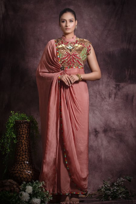 Abstract By Megha Jain Madaan Pink Chiffon, Cotton, Jersey Sequin And Bead Work Embellished Saree Gown Online at Aza Fashions Abstract By Megha Jain Madaan_Pink Chiffon, Cotton, Jersey Sequin And Bead Work Embellished Saree Gown _Online_at_Aza_Fashions
