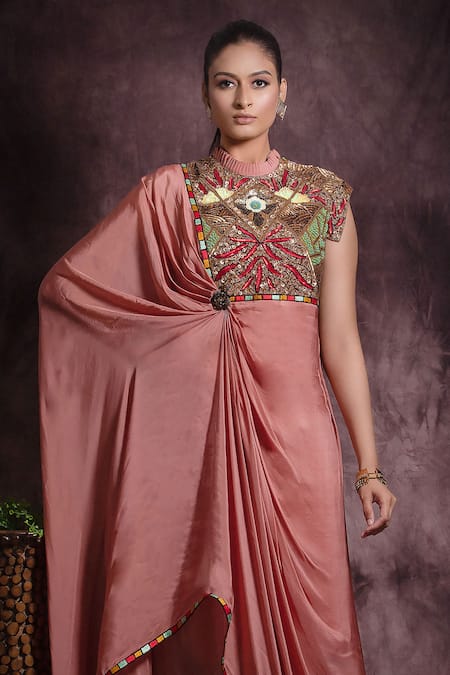 Buy Abstract By Megha Jain Madaan Pink Chiffon, Cotton, Jersey Sequin And Bead Work Embellished Saree Gown Online at Aza Fashions Buy_Abstract By Megha Jain Madaan_Pink Chiffon, Cotton, Jersey Sequin And Bead Work Embellished Saree Gown _Online_at_Aza_Fashions