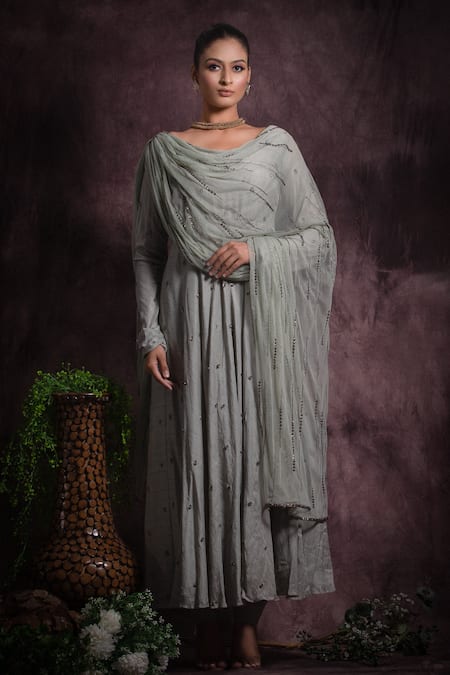 Abstract By Megha Jain Madaan Grey Viscose, Cotton, Net Sequins, Beads Round Embellished Anarkali And Pant Set 