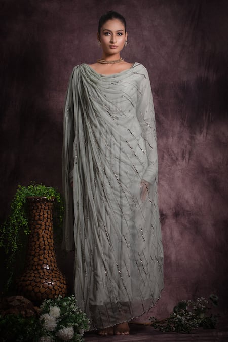 Shop Abstract By Megha Jain Madaan Grey Viscose, Cotton, Net Sequins, Beads Round Embellished Anarkali And Pant Set at Aza Fashions Shop_Abstract By Megha Jain Madaan_Grey Viscose, Cotton, Net Sequins, Beads Round Embellished Anarkali And Pant Set _at_Aza_Fashions