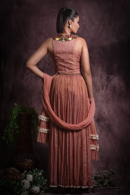 Shop Abstract By Megha Jain Madaan Pink Silk, Cotton, Net Sequins, Beads Round Neck Geometric Work Top Lehenga Set at Aza Fashions Shop_Abstract By Megha Jain Madaan_Pink Silk, Cotton, Net Sequins, Beads Round Neck Geometric Work Top Lehenga Set _at_Aza_Fashions